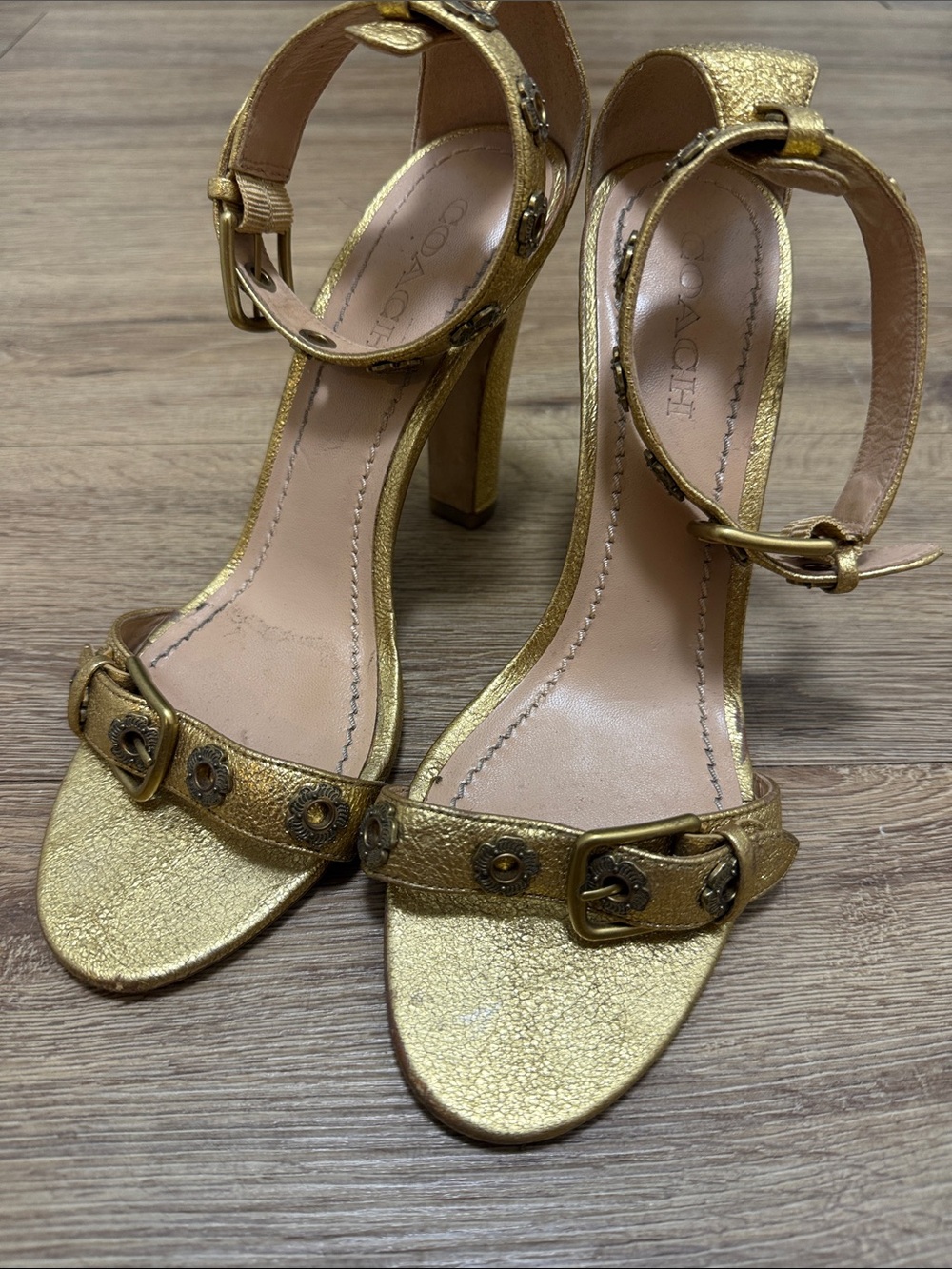 Coach Gold Leather Ankle-Strap High Heels